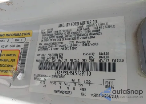 2020 Ford Mustang Ecoboost Premium Fastback из США, поврежденный, VIN 1FA6P8TH5L5139110